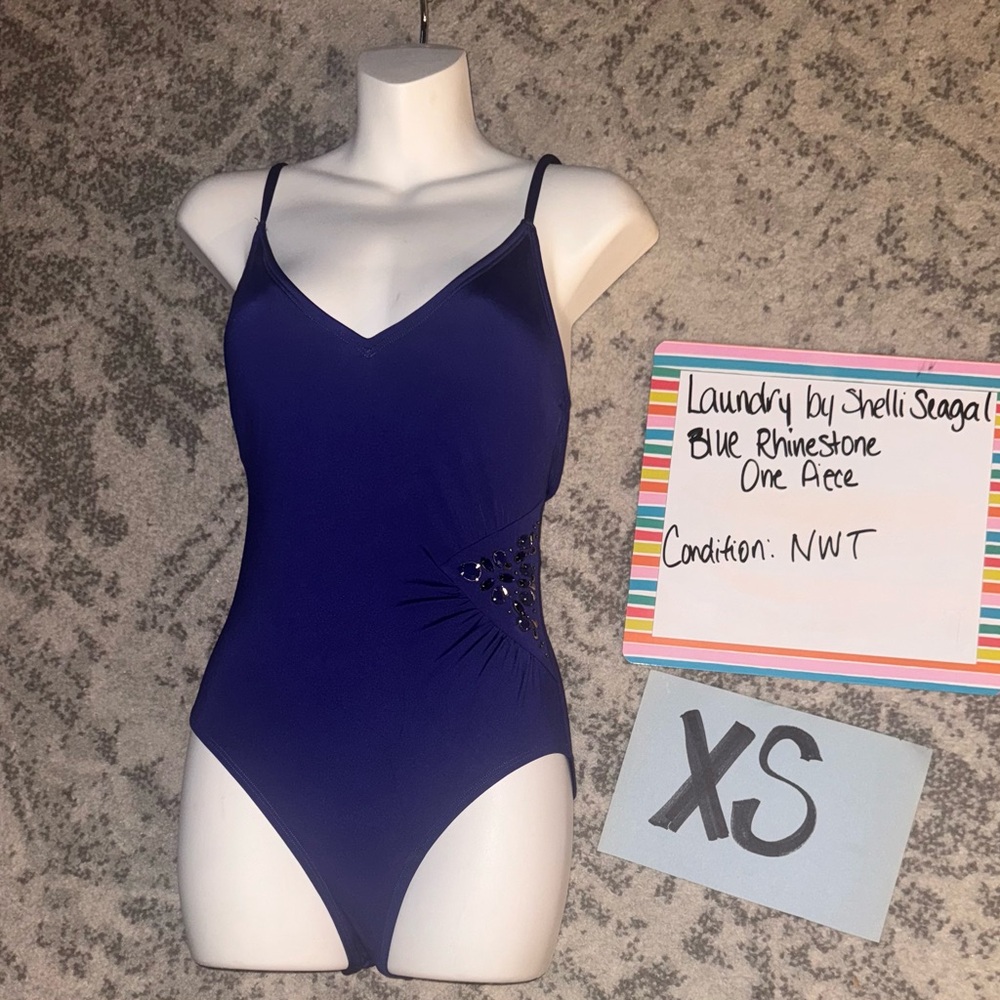 Laundry by Shelli Segal Sapphire Blue Jeweled Rutched 1 Pc Swimsuit Size XS NWT